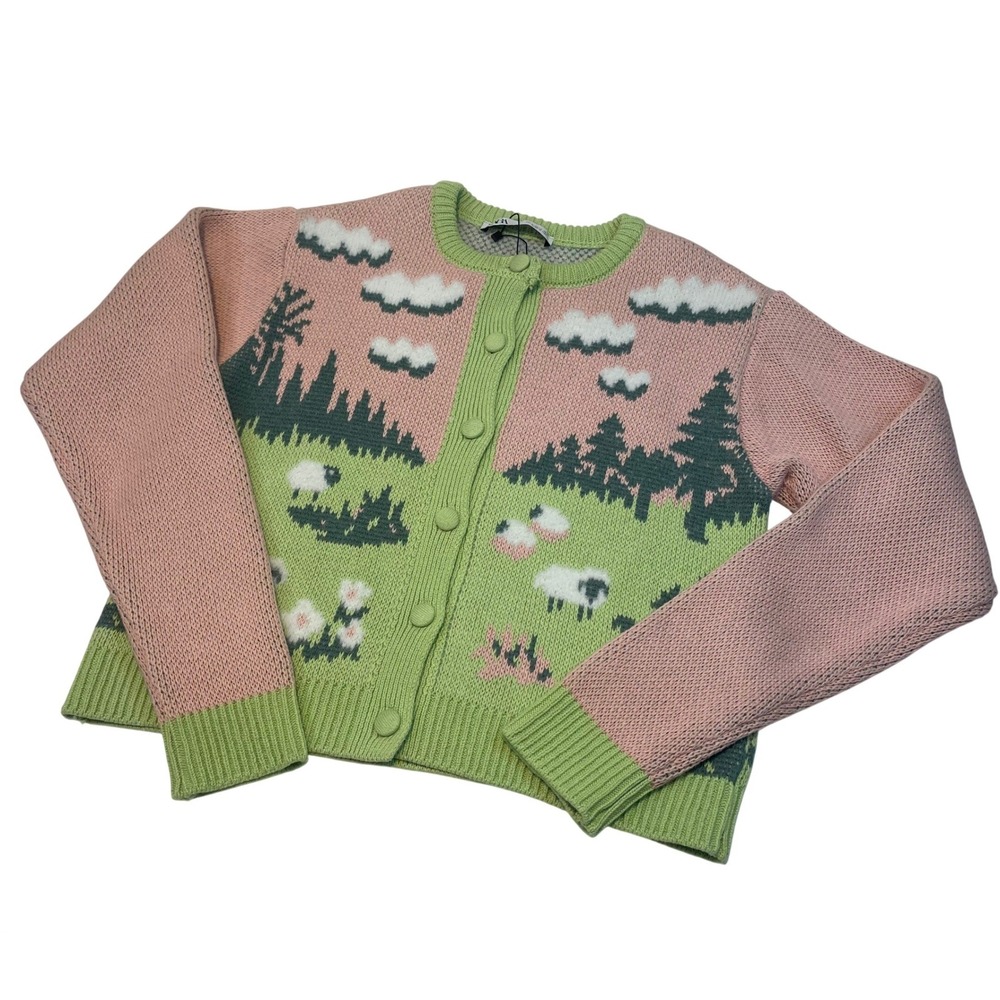 ZARA Women's Knit Jacquard Fuzzy Sheep Landscape Cardigan Pink Green Size S‎ - Picture 2 of 16